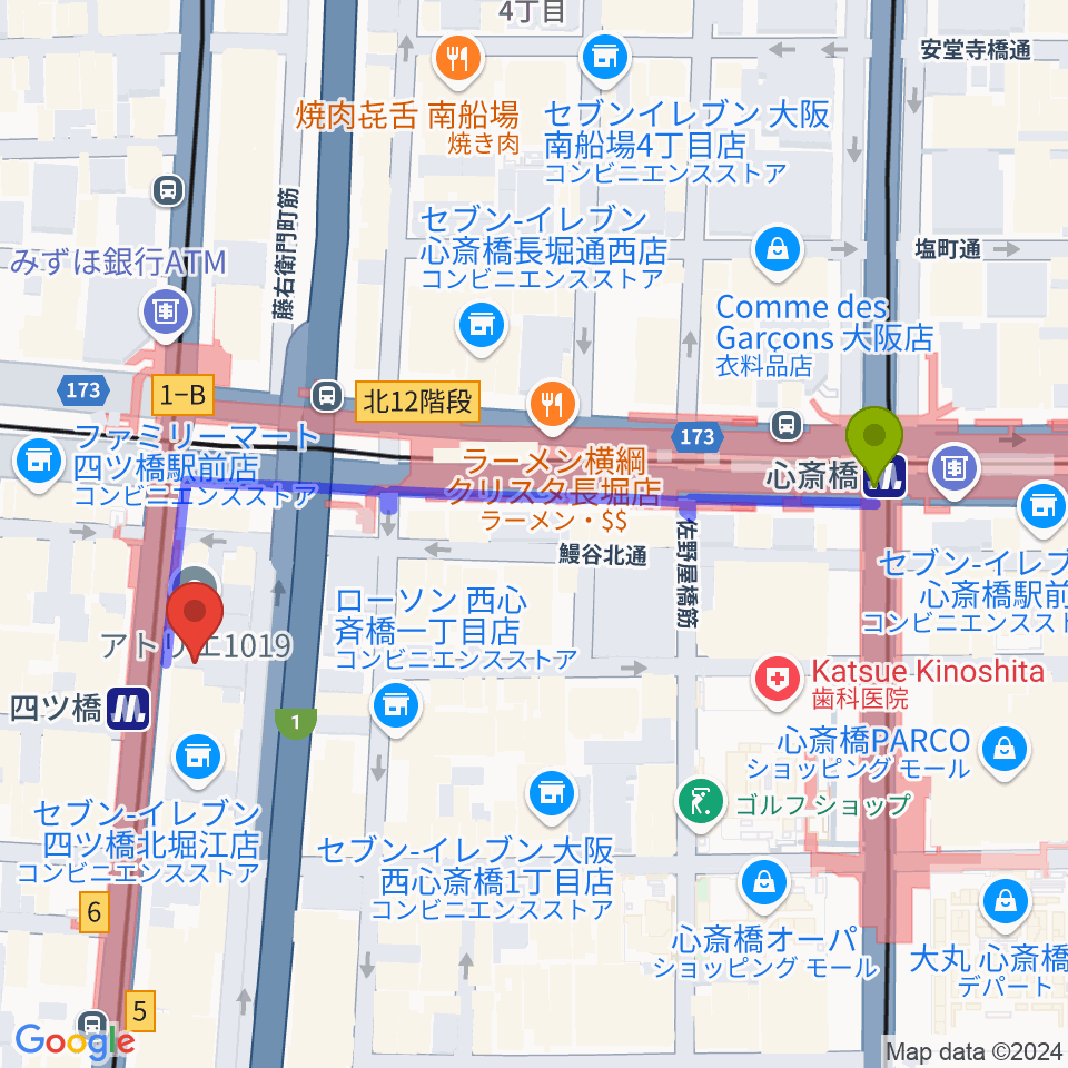 心斎橋駅から四ツ橋LMスタジオへのルートマップ地図