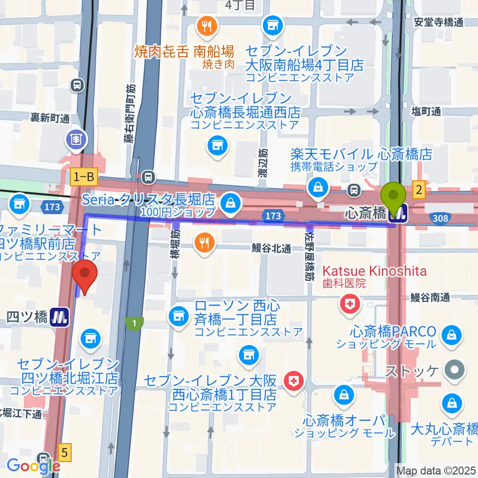 心斎橋駅から四ツ橋LMスタジオへのルートマップ地図