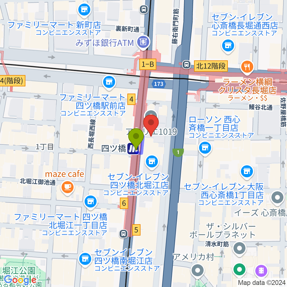 四ツ橋LMスタジオの最寄駅四ツ橋駅からの徒歩ルート（約1分）地図