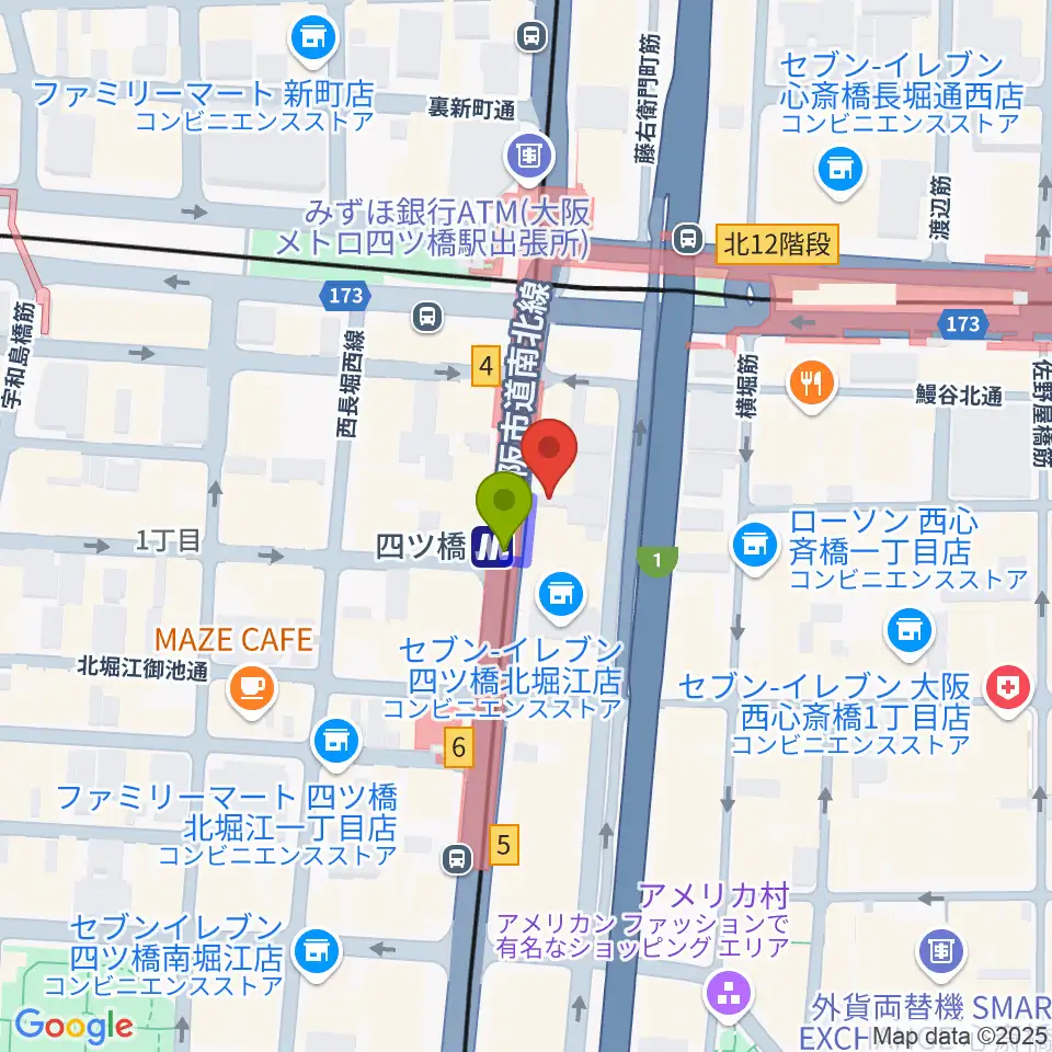 四ツ橋LMスタジオの最寄駅四ツ橋駅からの徒歩ルート（約1分）地図
