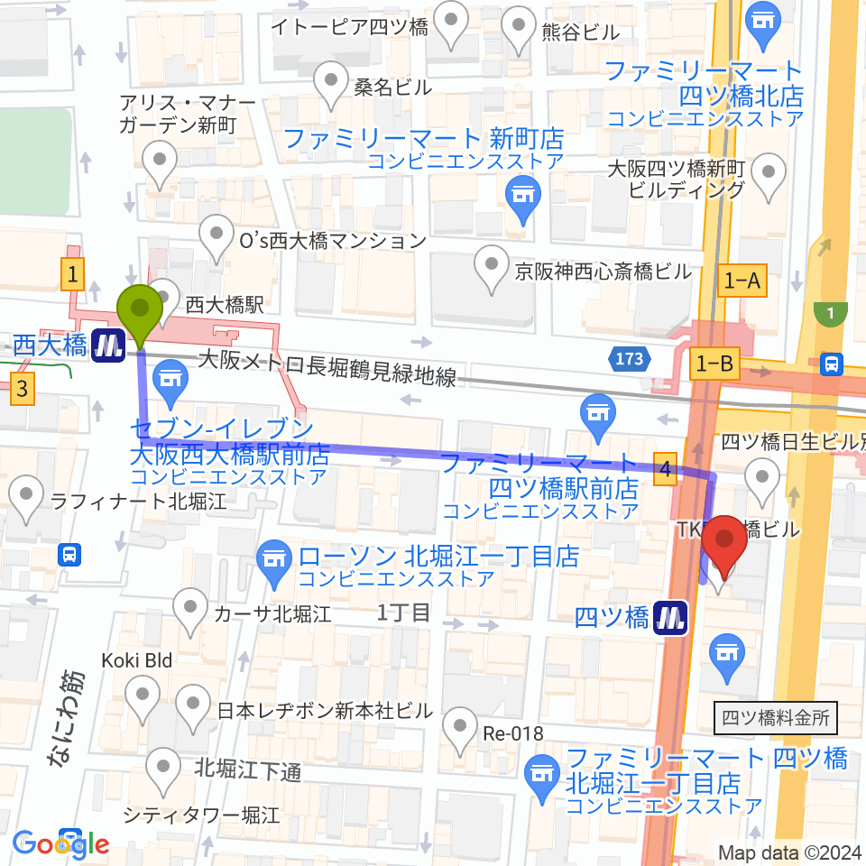 西大橋駅から四ツ橋LMスタジオへのルートマップ地図