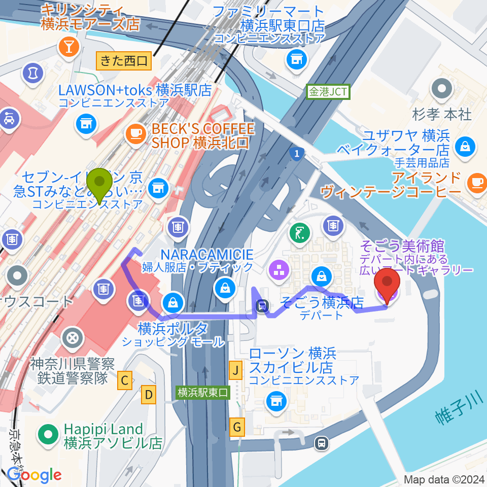 そごう美術館の最寄駅横浜駅からの徒歩ルート（約5分）地図