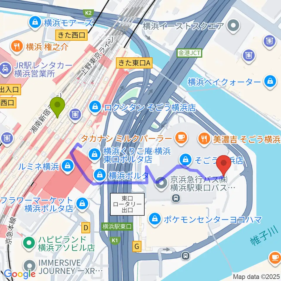 そごう美術館の最寄駅横浜駅からの徒歩ルート（約5分）地図