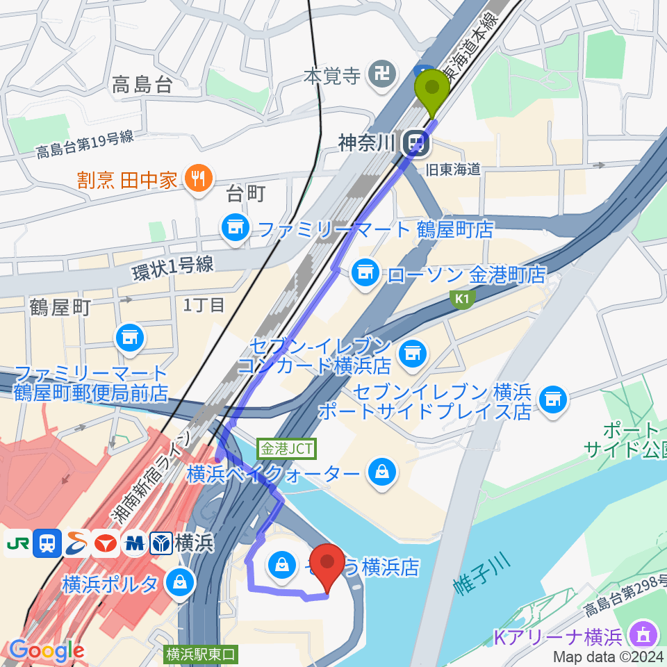 神奈川駅からそごう美術館へのルートマップ地図