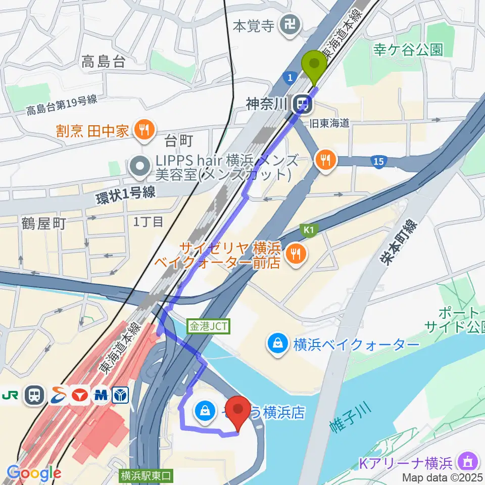 神奈川駅からそごう美術館へのルートマップ地図