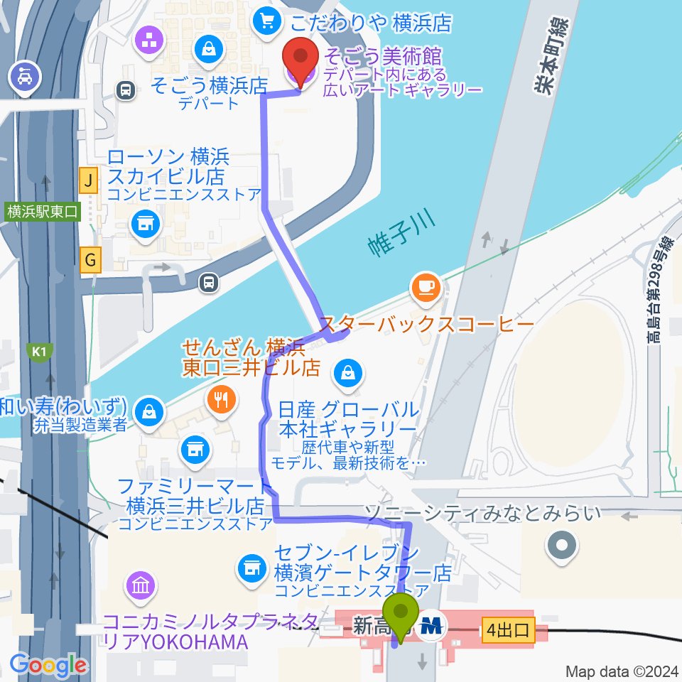 新高島駅からそごう美術館へのルートマップ地図