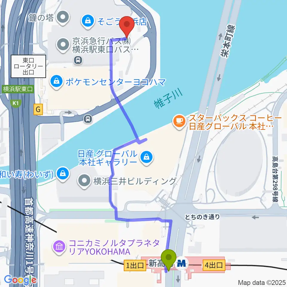 新高島駅からそごう美術館へのルートマップ地図
