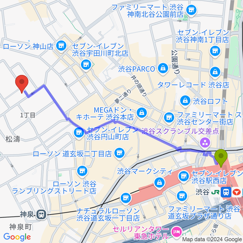 渋谷駅から戸栗美術館へのルートマップ地図