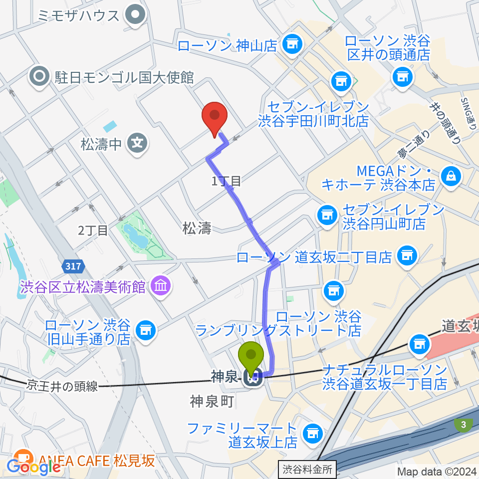 戸栗美術館の最寄駅神泉駅からの徒歩ルート（約8分）地図