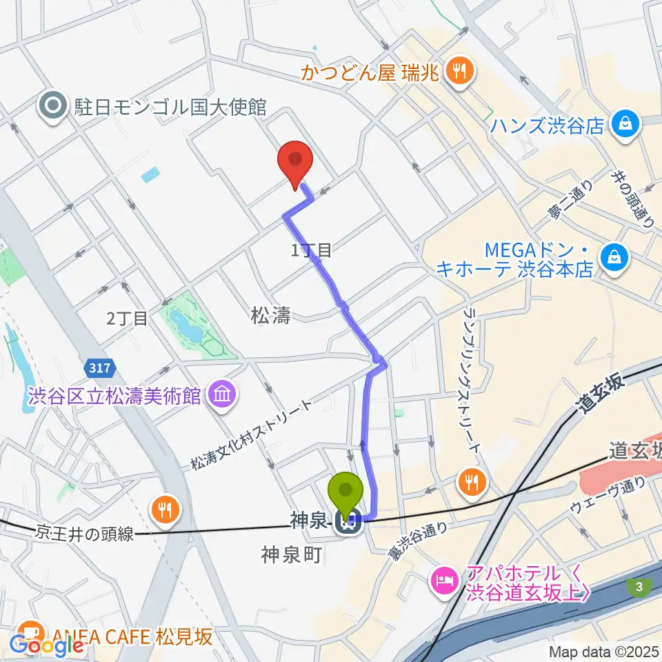 戸栗美術館の最寄駅神泉駅からの徒歩ルート（約8分）地図