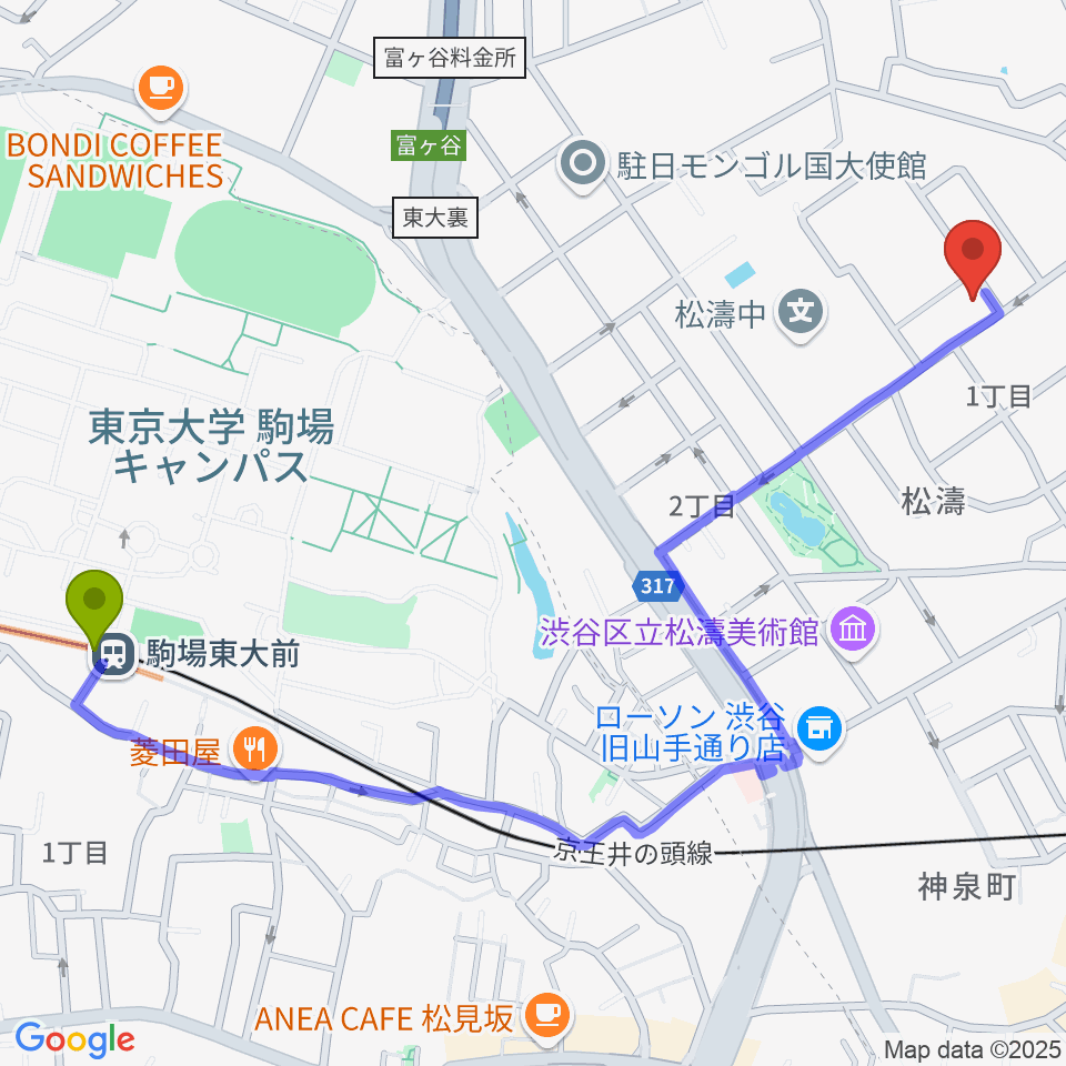 駒場東大前駅から戸栗美術館へのルートマップ地図