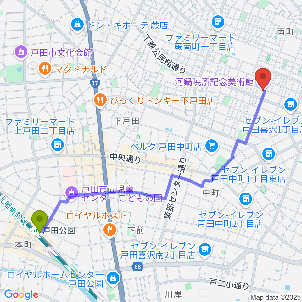 戸田公園駅から河鍋暁斎記念美術館へのルートマップ地図