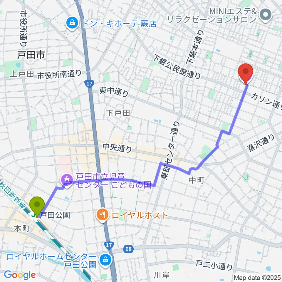 戸田公園駅から河鍋暁斎記念美術館へのルートマップ地図