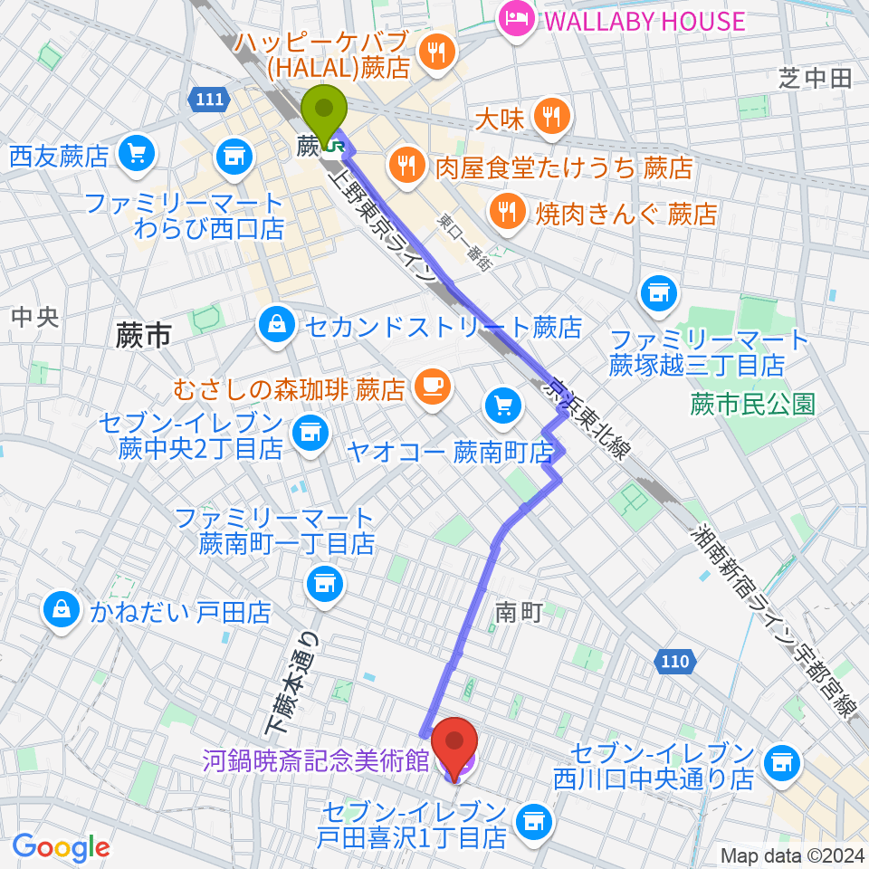 蕨駅から河鍋暁斎記念美術館へのルートマップ地図