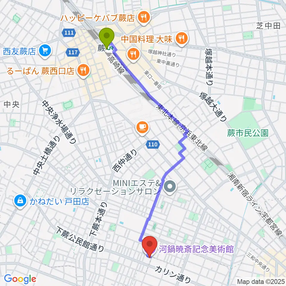 蕨駅から河鍋暁斎記念美術館へのルートマップ地図