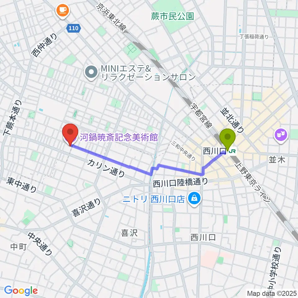河鍋暁斎記念美術館の最寄駅西川口駅からの徒歩ルート（約16分）地図