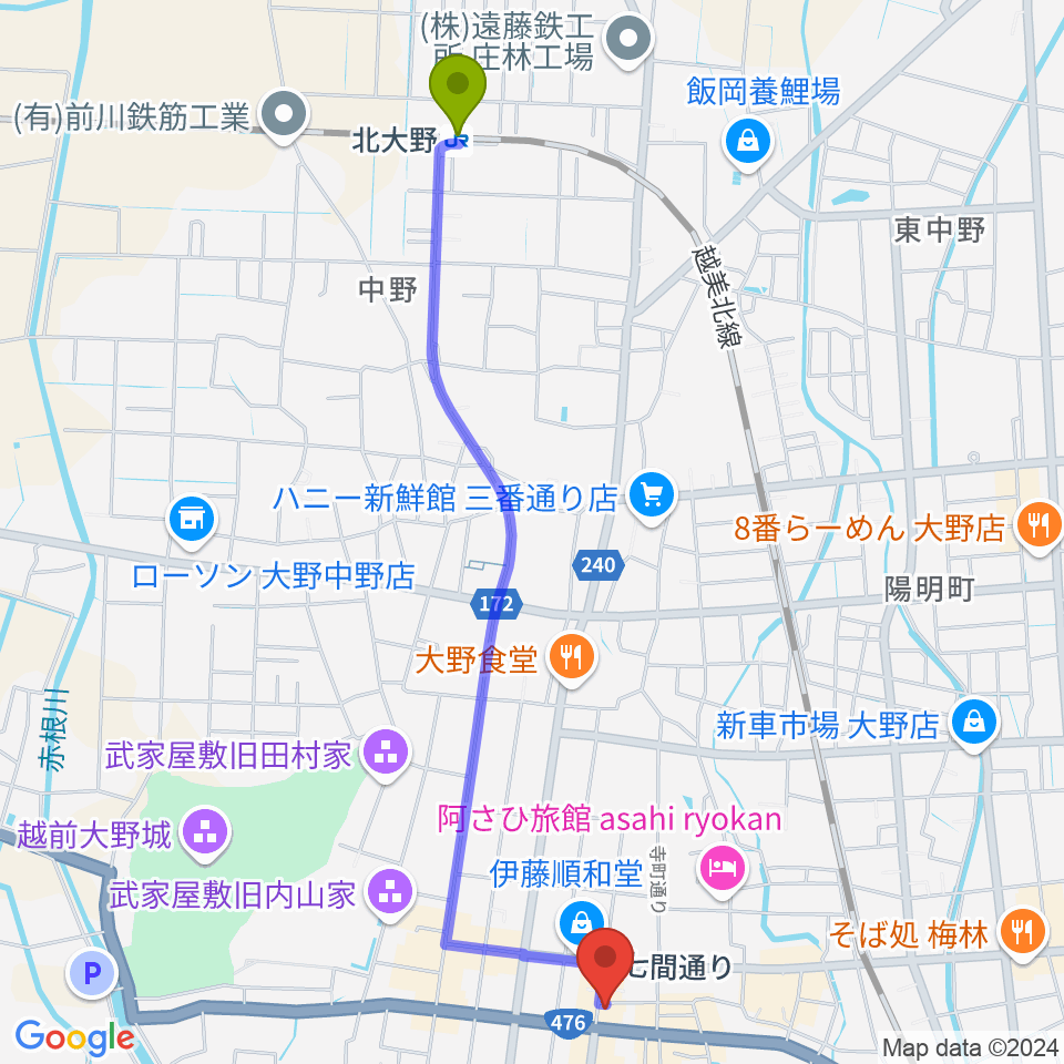 北大野駅からCOCONO アートプレイスへのルートマップ地図