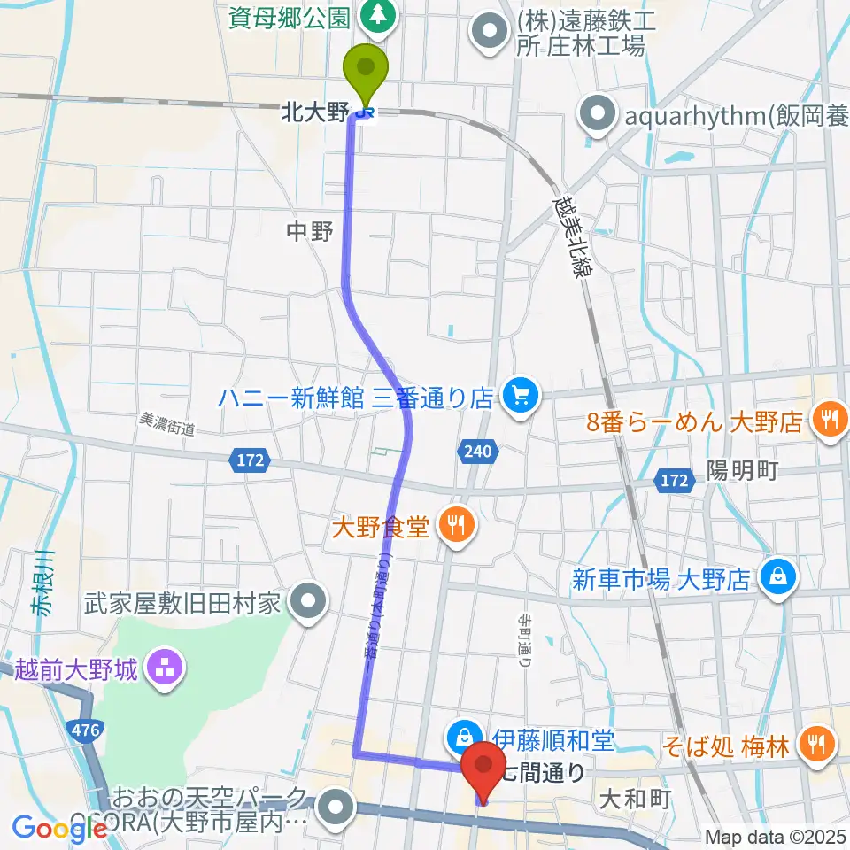 北大野駅からCOCONO アートプレイスへのルートマップ地図