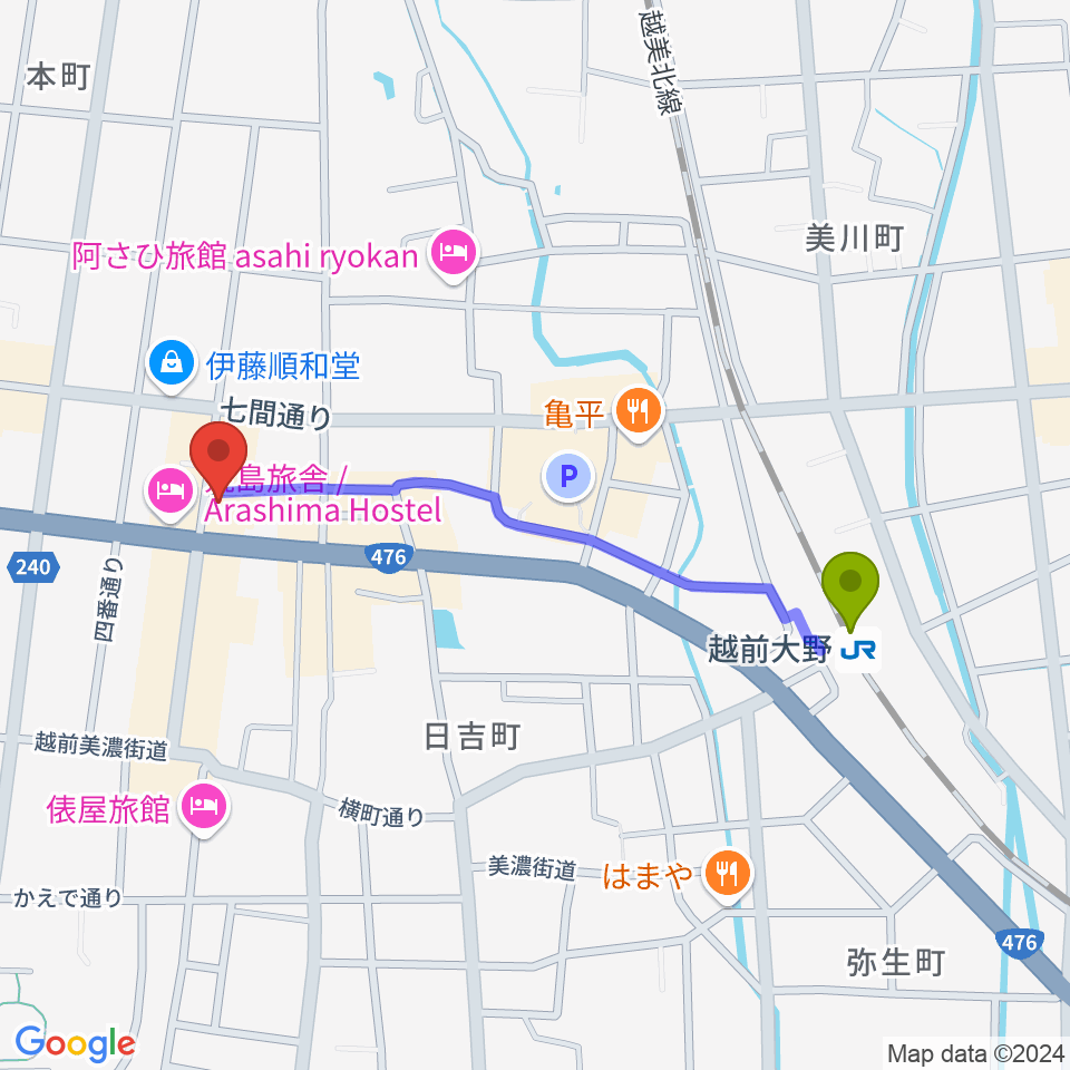 COCONO アートプレイスの最寄駅越前大野駅からの徒歩ルート（約9分）地図