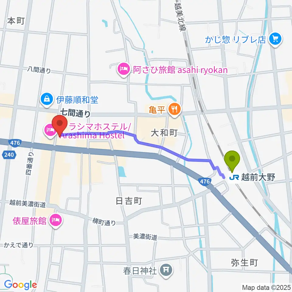 COCONO アートプレイスの最寄駅越前大野駅からの徒歩ルート（約9分）地図