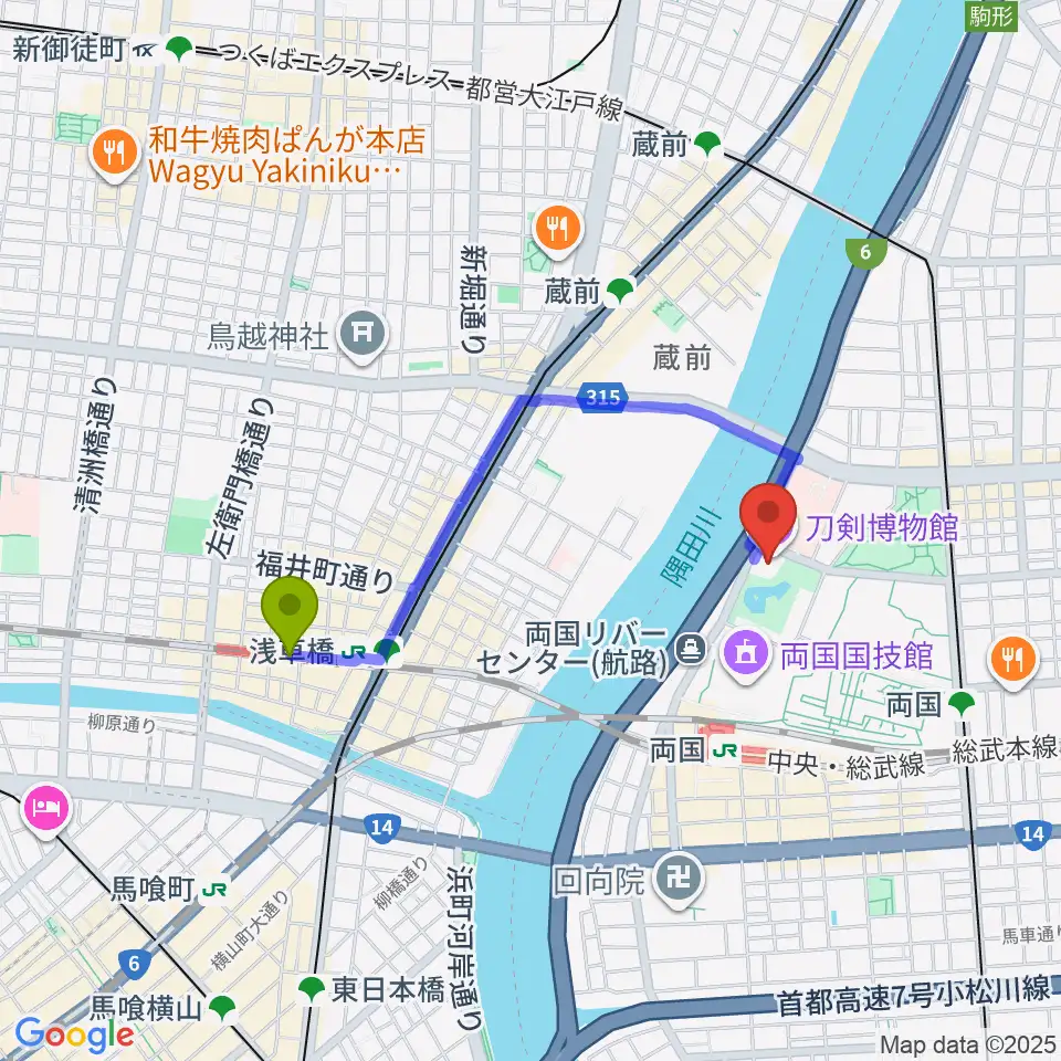 浅草橋駅から刀剣博物館へのルートマップ地図