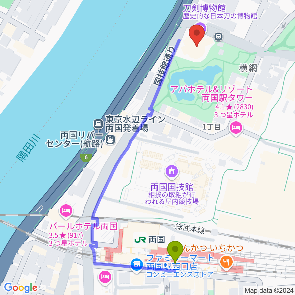 刀剣博物館の最寄駅両国駅からの徒歩ルート（約6分）地図