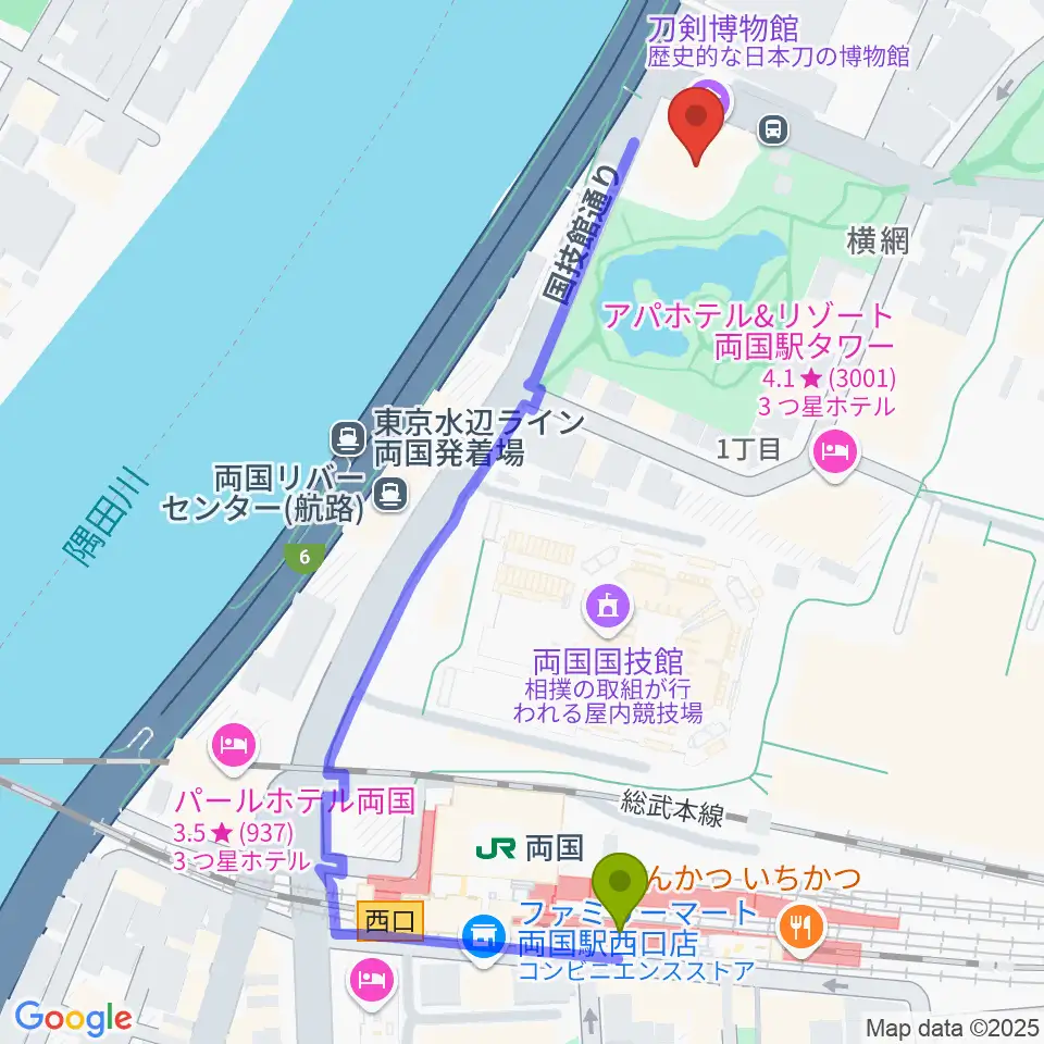 刀剣博物館の最寄駅両国駅からの徒歩ルート（約6分）地図