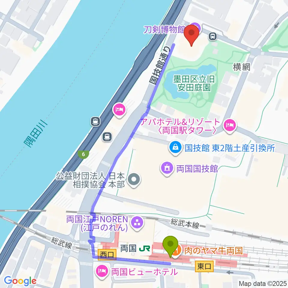 刀剣博物館の最寄駅両国駅からの徒歩ルート（約6分）地図