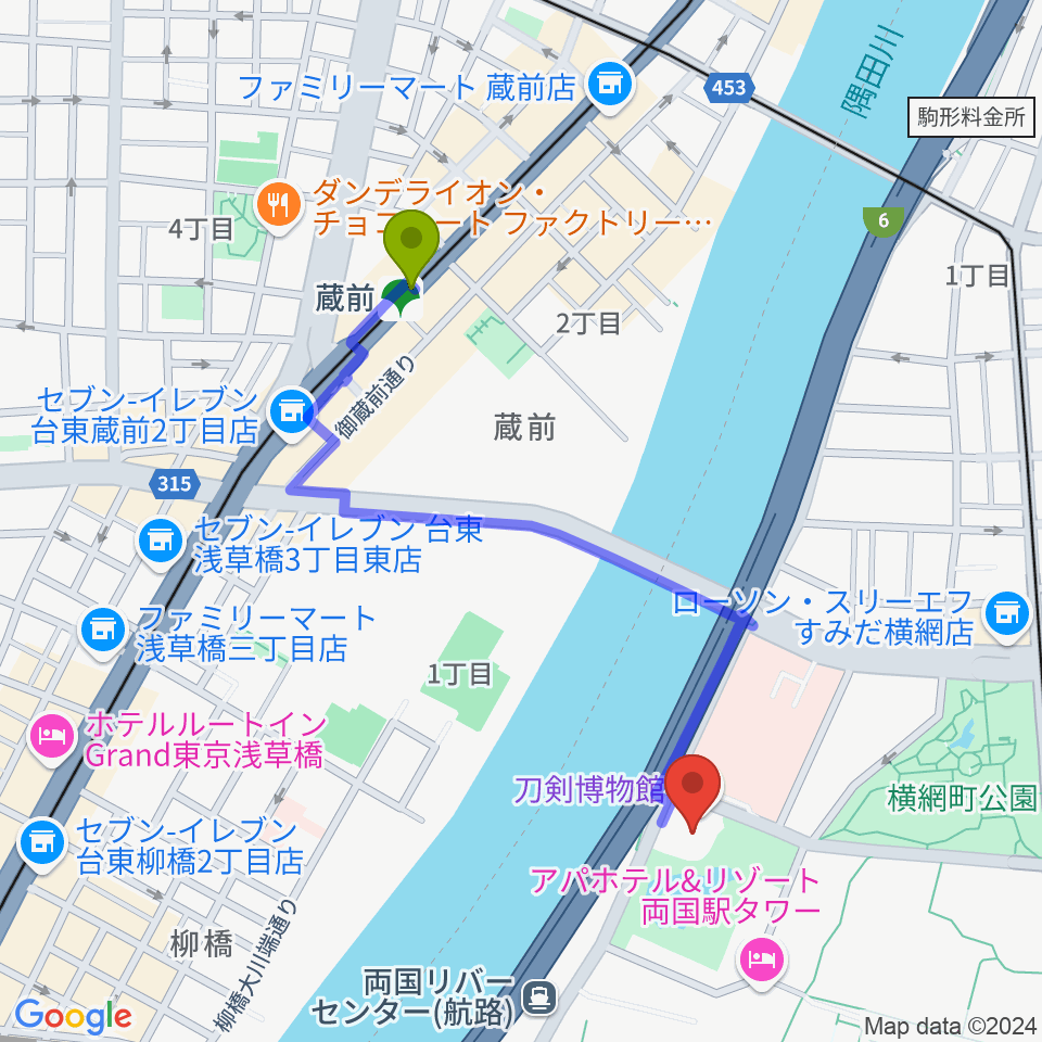 蔵前駅から刀剣博物館へのルートマップ地図