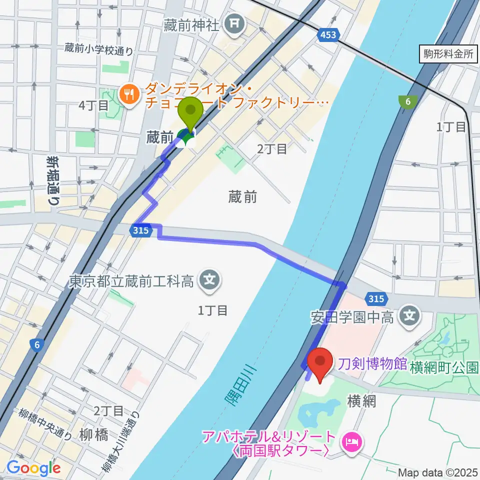 蔵前駅から刀剣博物館へのルートマップ地図