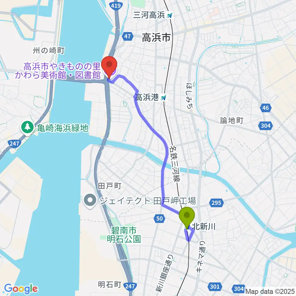 北新川駅から高浜市やきものの里かわら美術館へのルートマップ地図