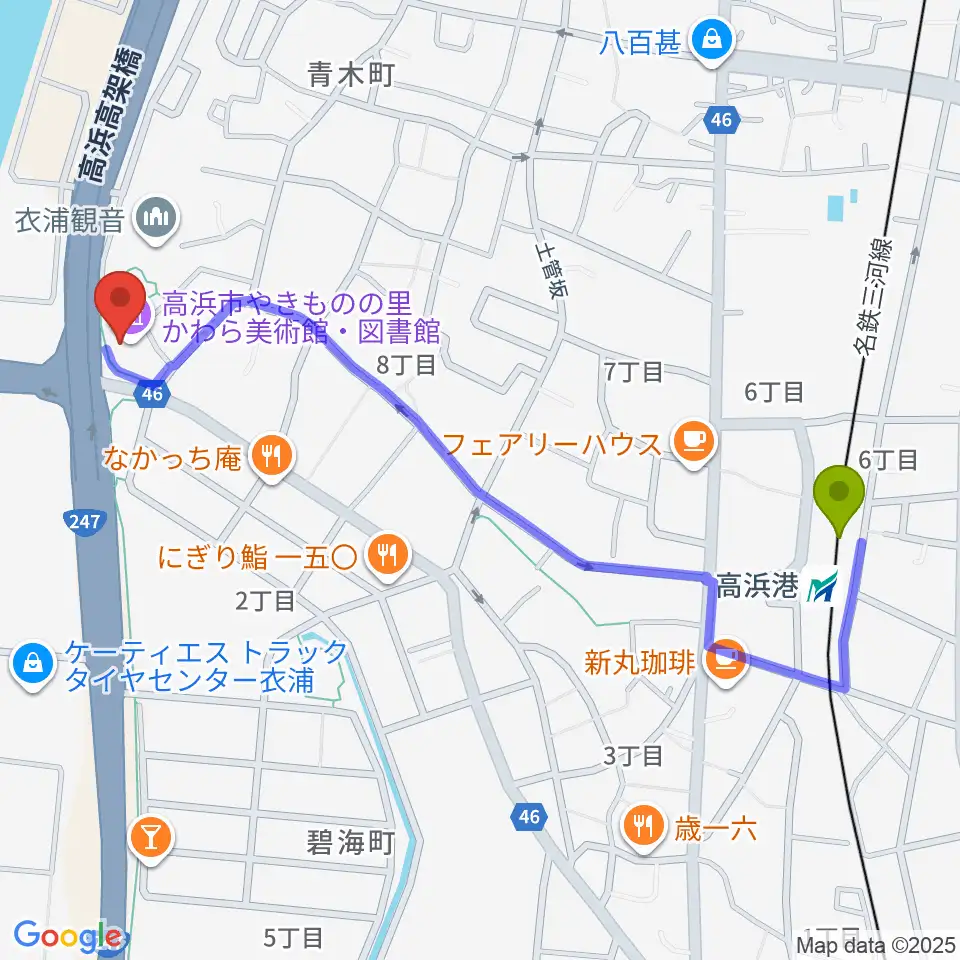 高浜市やきものの里かわら美術館の最寄駅高浜港駅からの徒歩ルート（約12分）地図