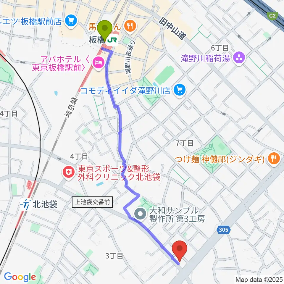 板橋駅から池袋STUDIO Dedeへのルートマップ地図