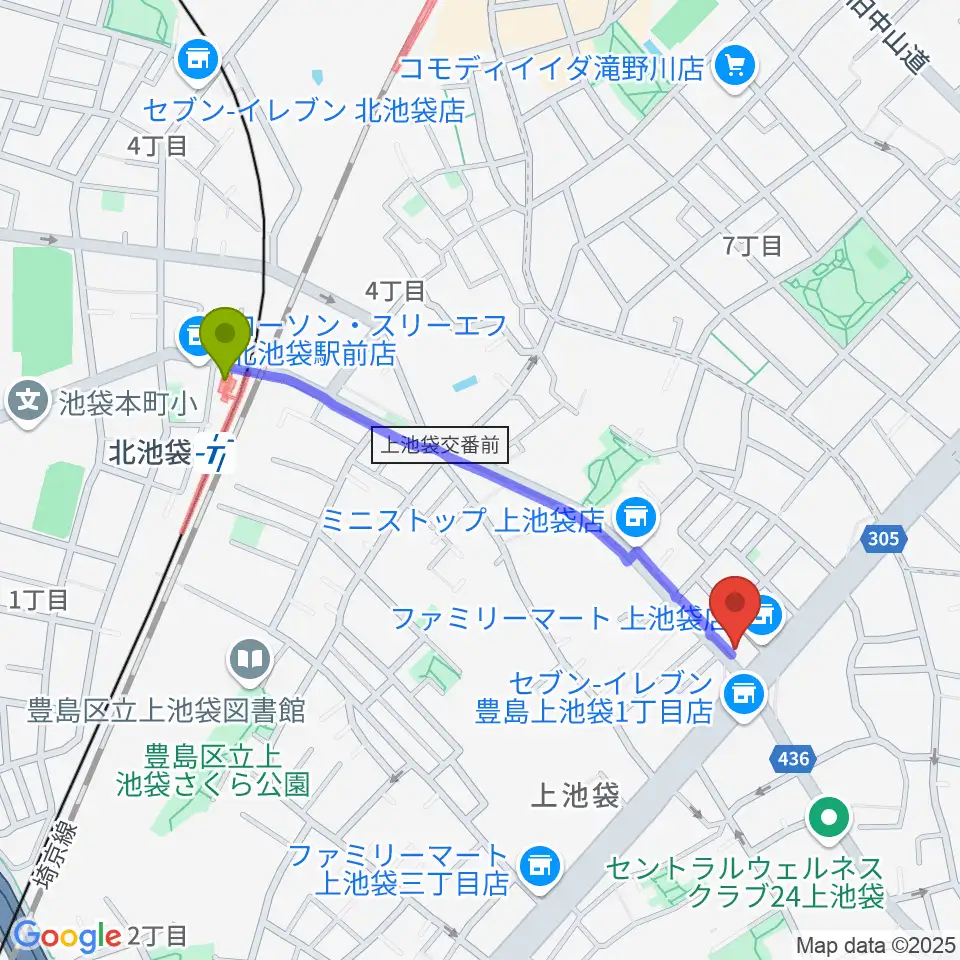 池袋STUDIO Dedeの最寄駅北池袋駅からの徒歩ルート（約9分）地図