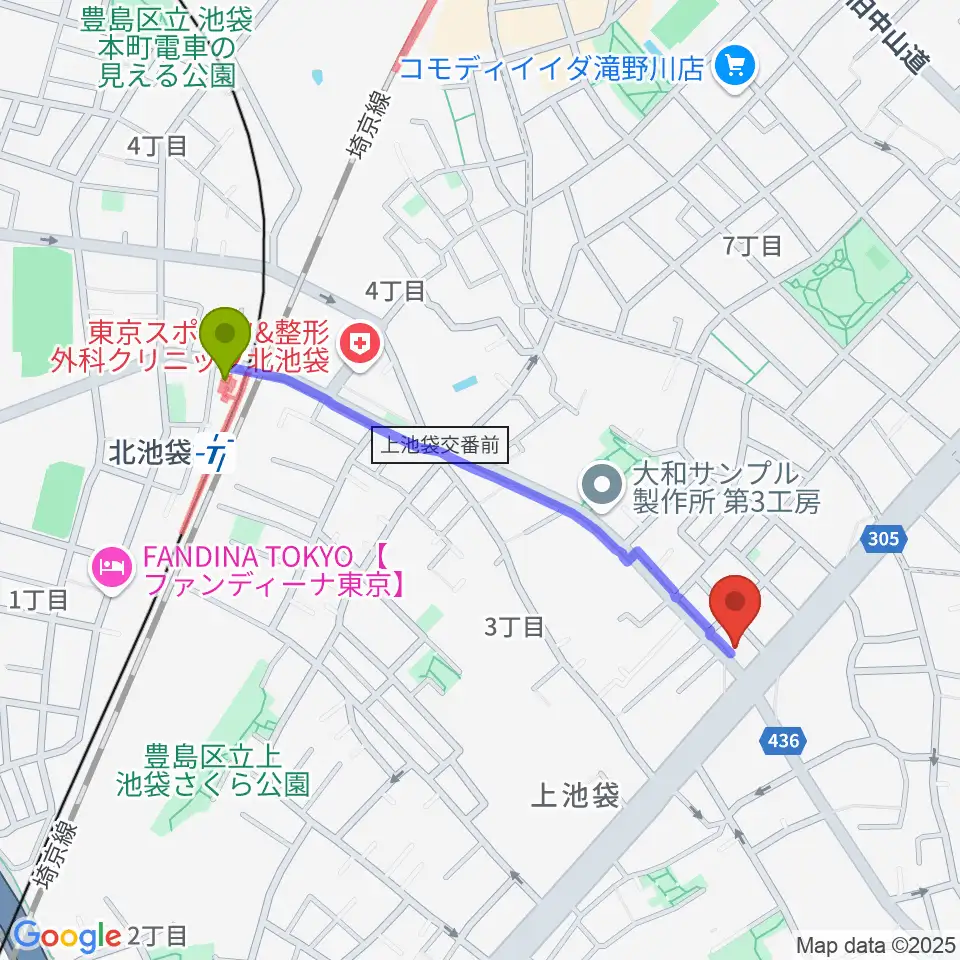 池袋STUDIO Dedeの最寄駅北池袋駅からの徒歩ルート（約9分）地図