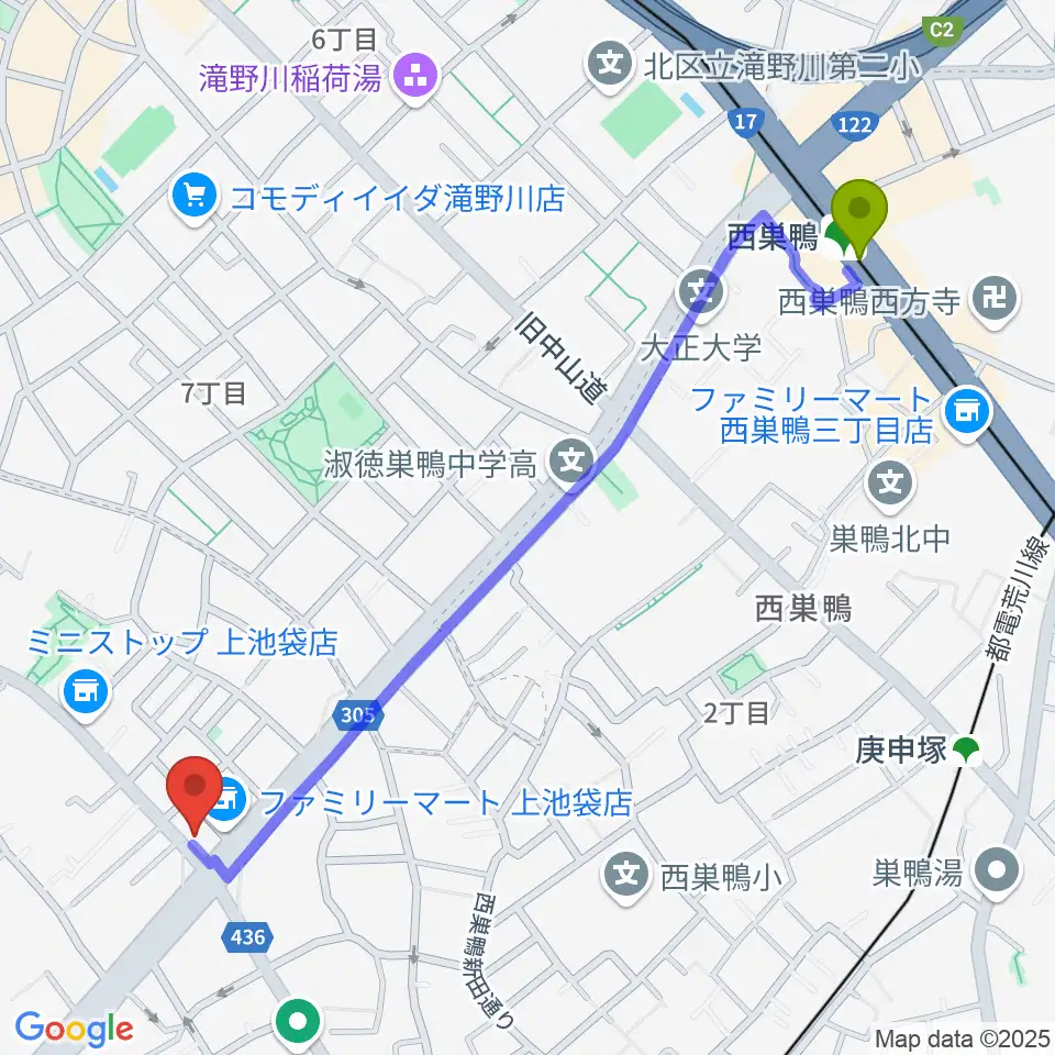 西巣鴨駅から池袋STUDIO Dedeへのルートマップ地図