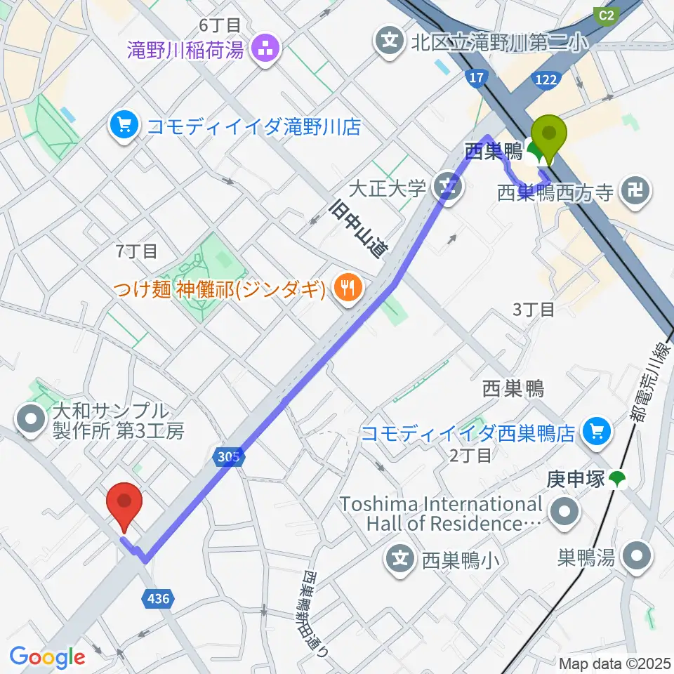 西巣鴨駅から池袋STUDIO Dedeへのルートマップ地図