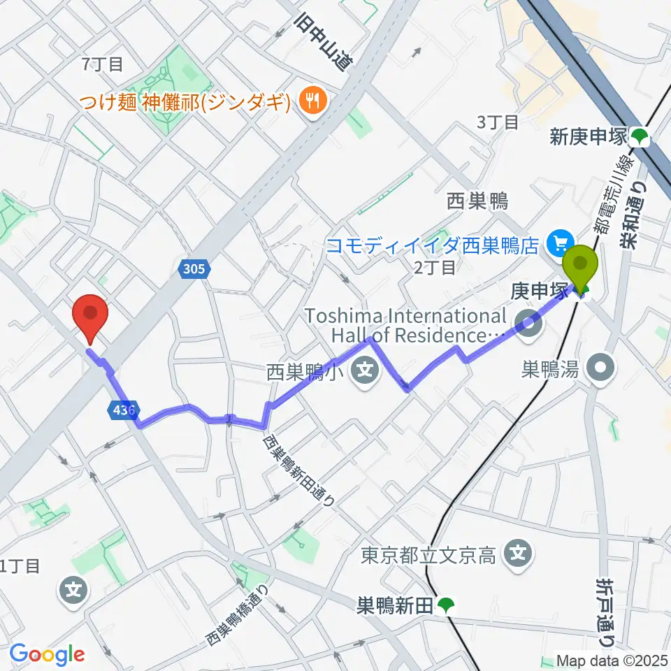 庚申塚駅から池袋STUDIO Dedeへのルートマップ地図
