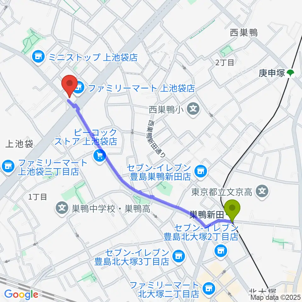 巣鴨新田駅から池袋STUDIO Dedeへのルートマップ地図