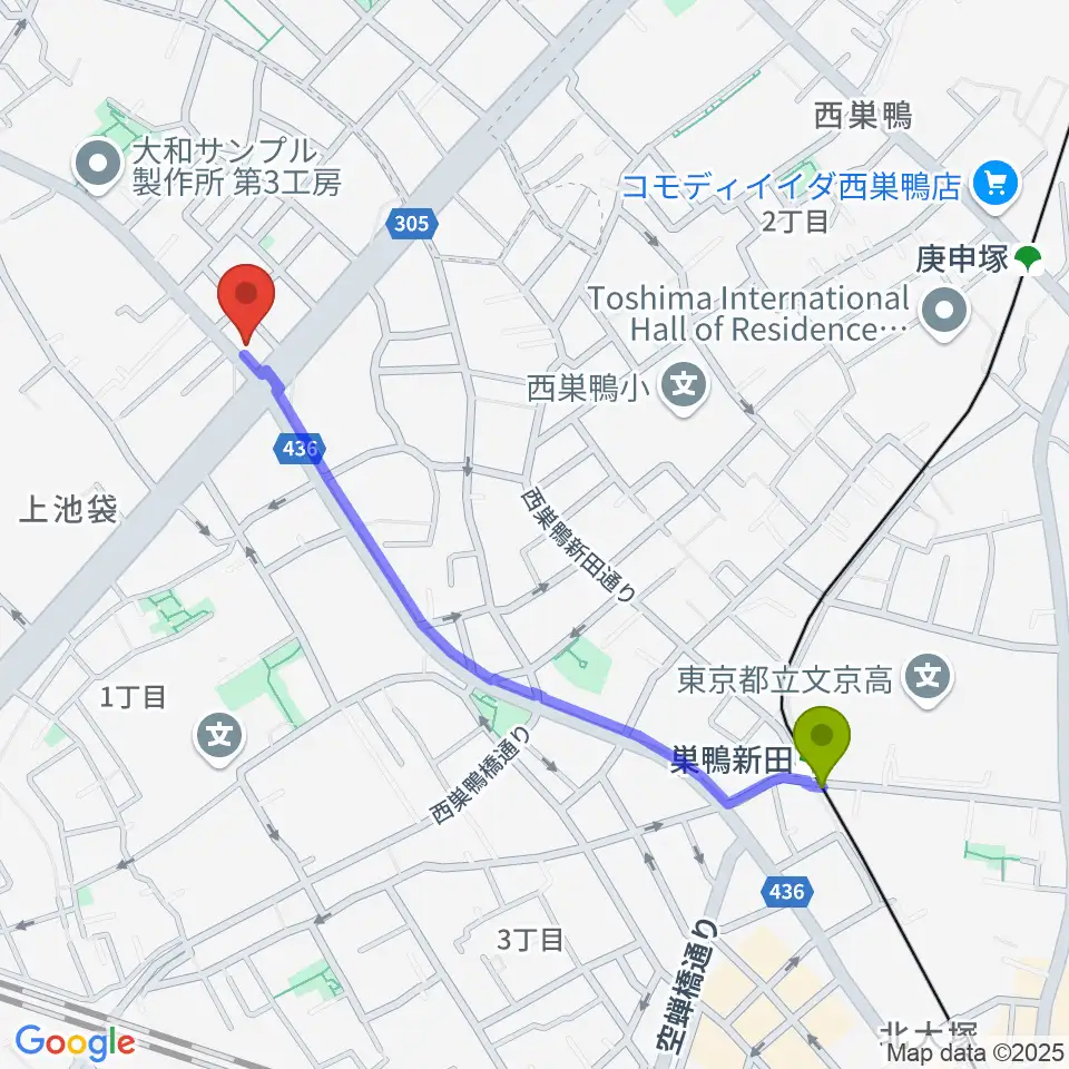 巣鴨新田駅から池袋STUDIO Dedeへのルートマップ地図