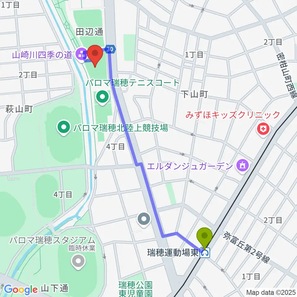 パロマ瑞穂アリーナの最寄駅瑞穂運動場東駅からの徒歩ルート（約11分）地図