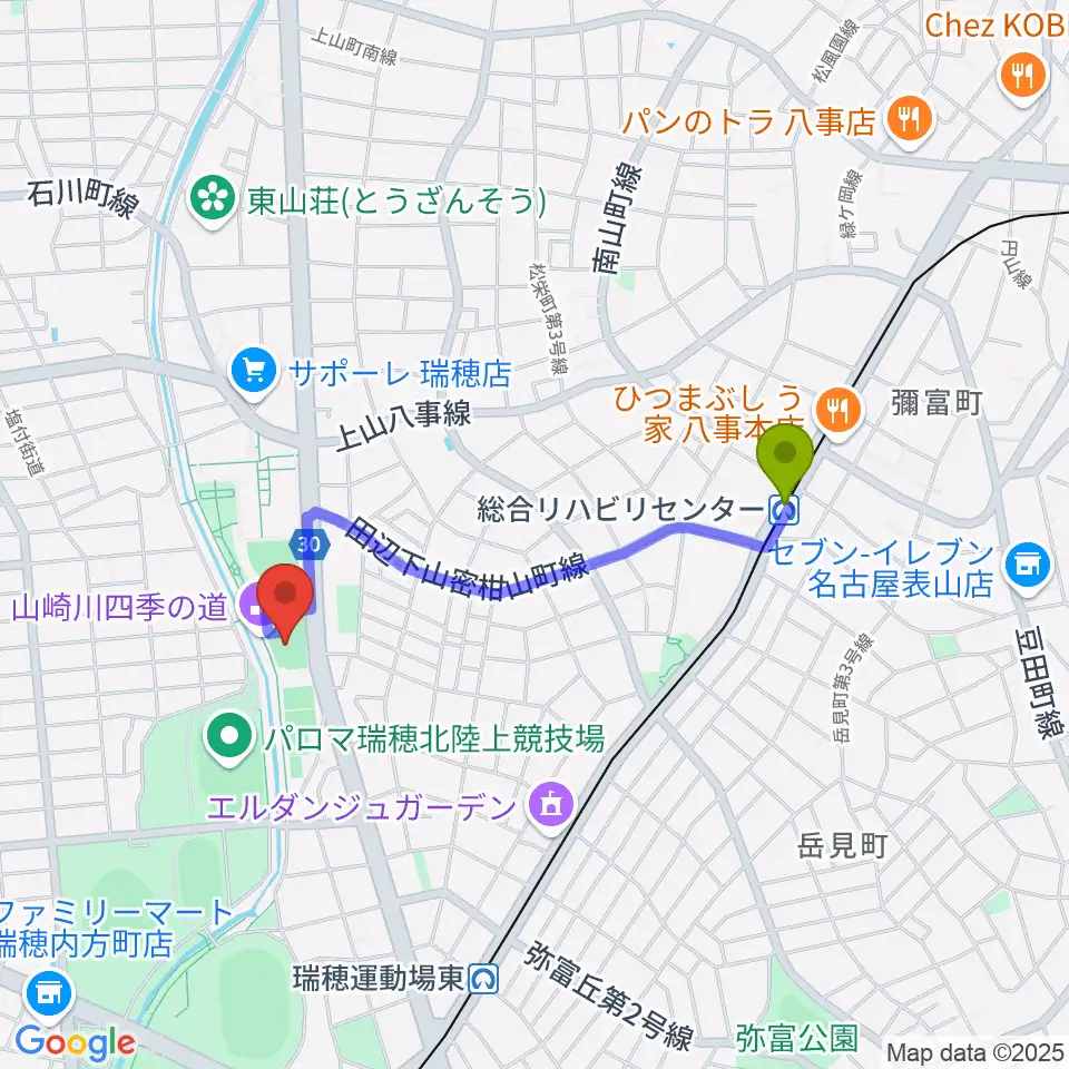 総合リハビリセンター駅からパロマ瑞穂アリーナへのルートマップ地図