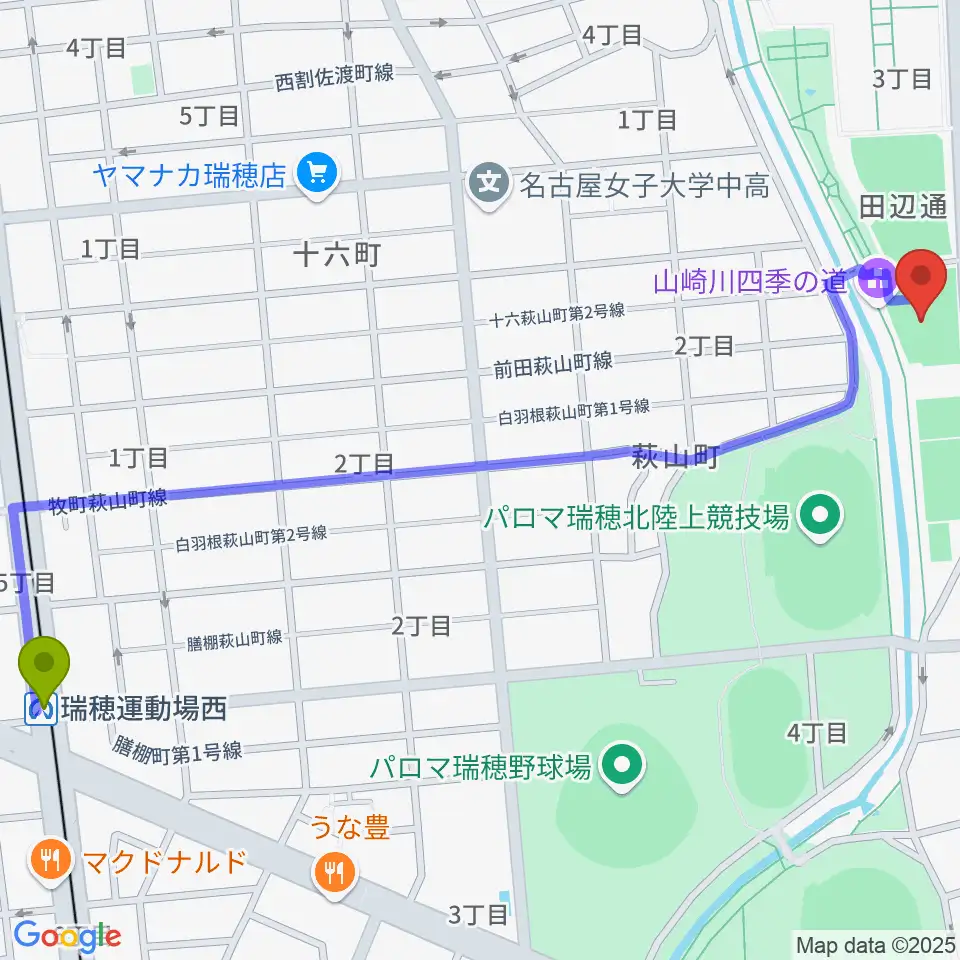 瑞穂運動場西駅からパロマ瑞穂アリーナへのルートマップ地図