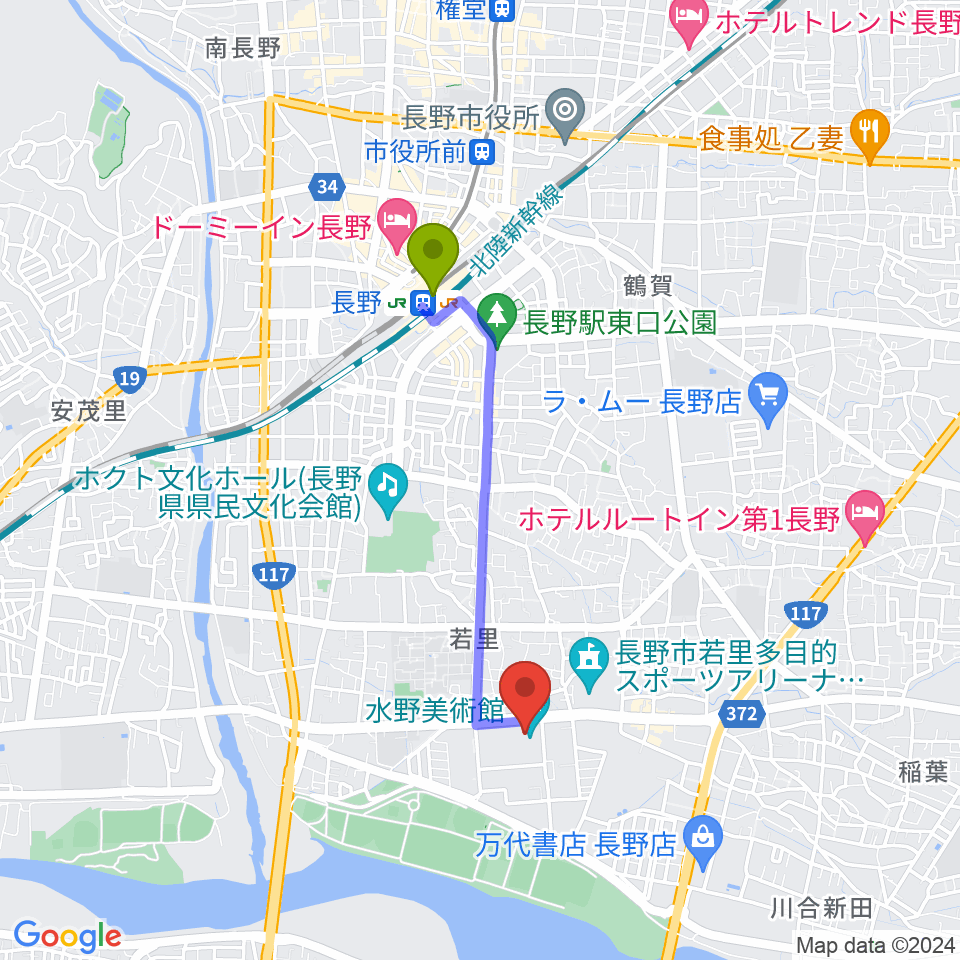 水野美術館の最寄駅長野駅からの徒歩ルート（約28分）地図