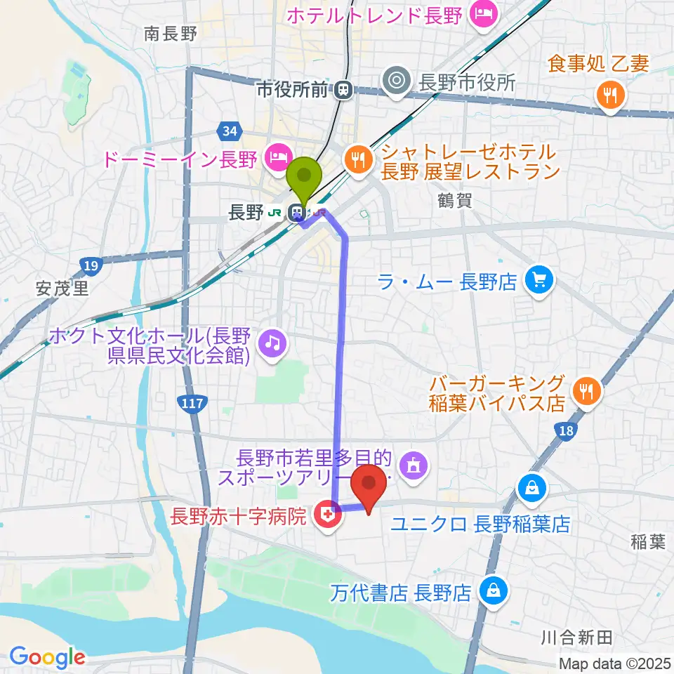 水野美術館の最寄駅長野駅からの徒歩ルート（約28分）地図