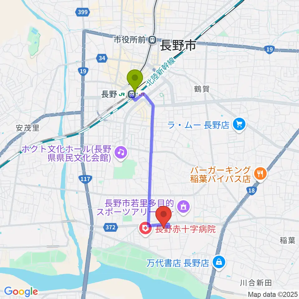 水野美術館の最寄駅長野駅からの徒歩ルート（約28分）地図