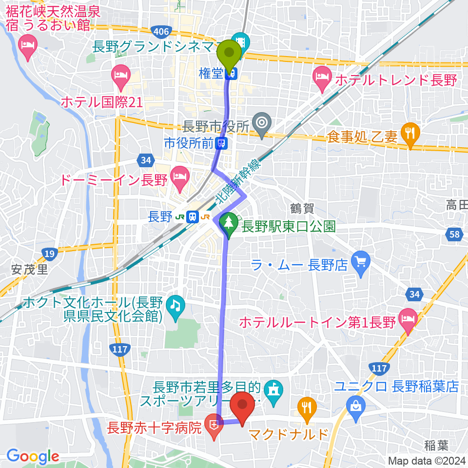 権堂駅から水野美術館へのルートマップ地図