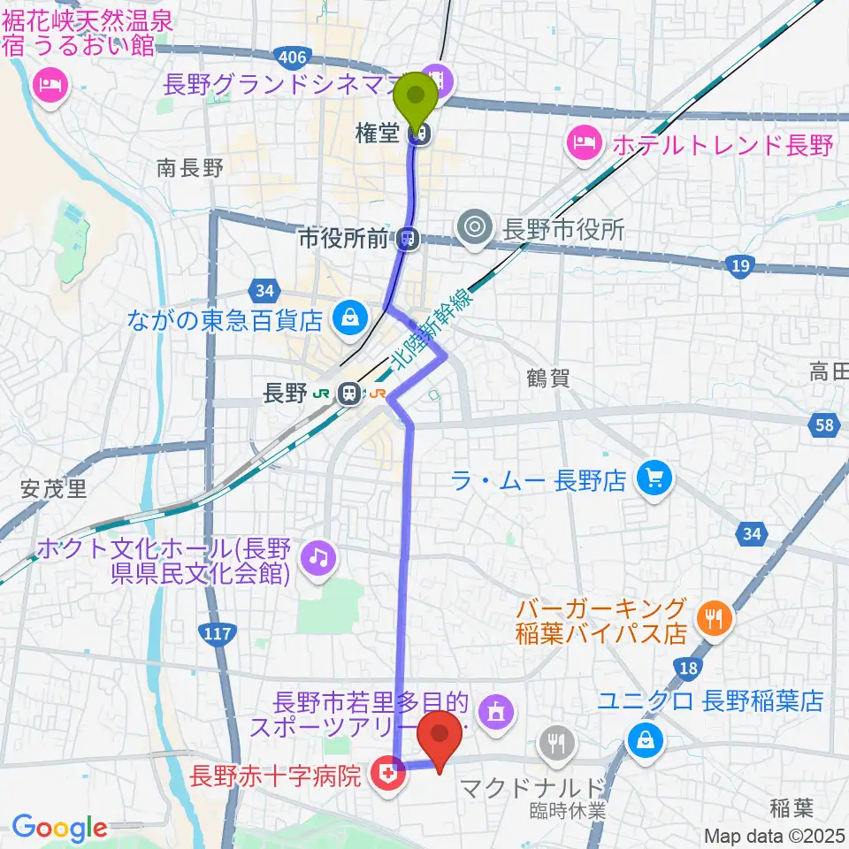 権堂駅から水野美術館へのルートマップ地図