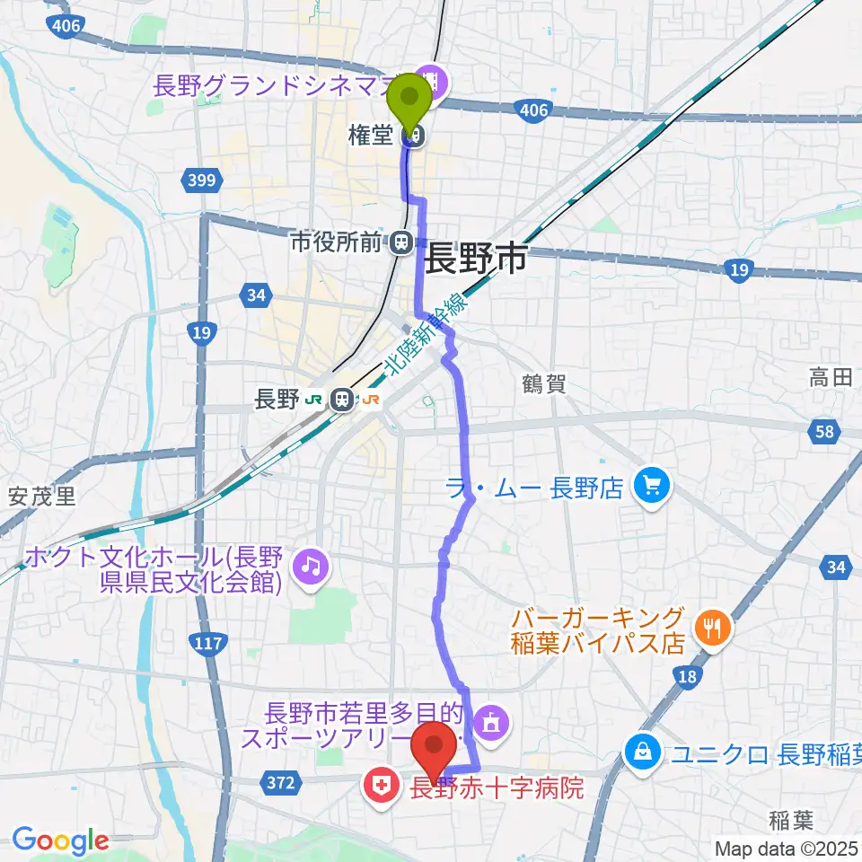 権堂駅から水野美術館へのルートマップ地図