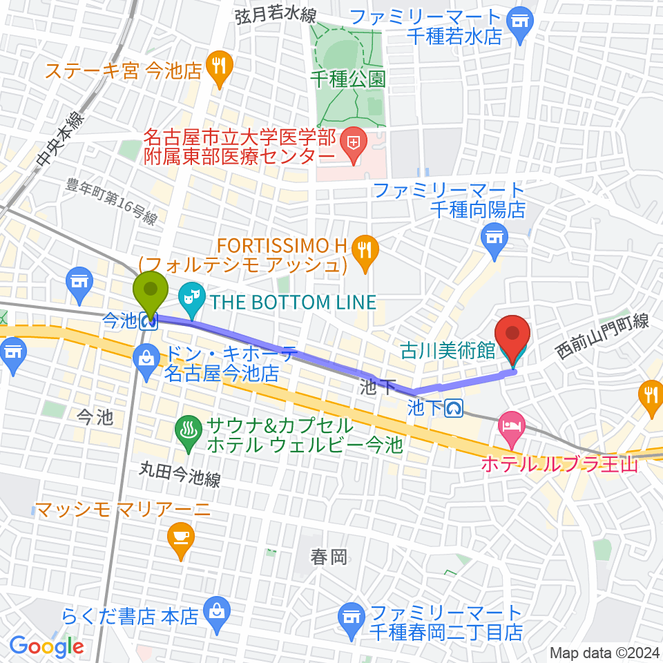 今池駅から古川美術館へのルートマップ地図